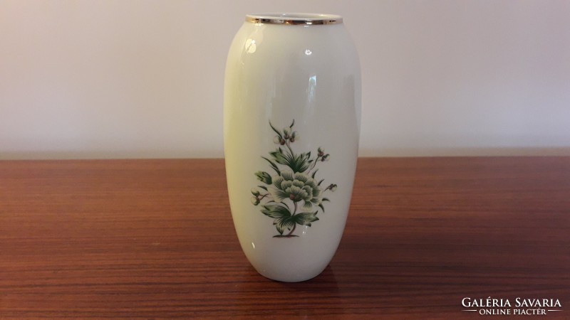 Régi Hollóházi porcelán zöld virágos retro váza