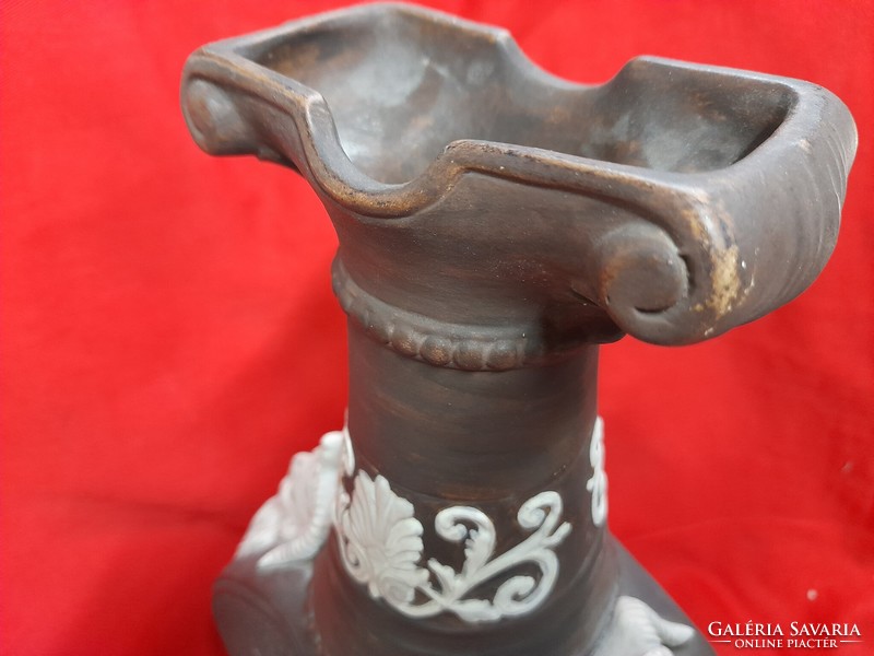 Old faun head majolica terracotta putty ceramic vase. 37.5 cm.