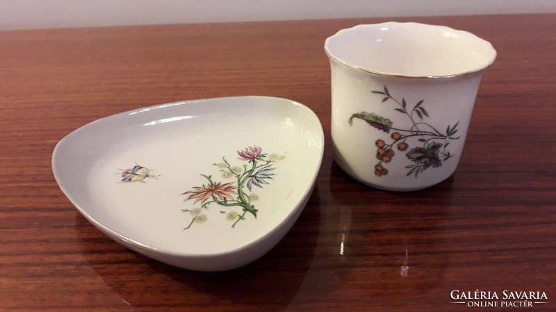 Old aquincum budapest porcelain floral butterfly bowl small ashtray cigarette holder 2 pcs