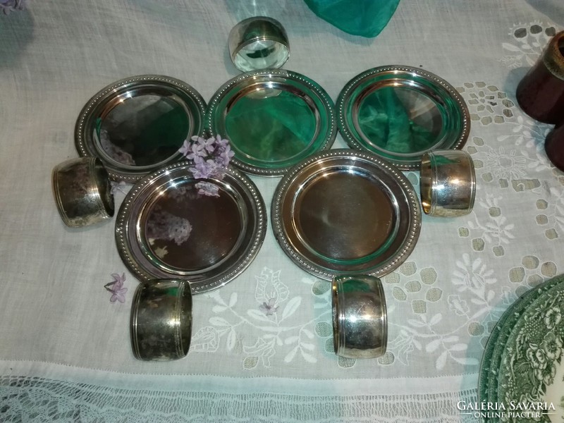 5 metal napkin rings, ...Metal cup with coaster.