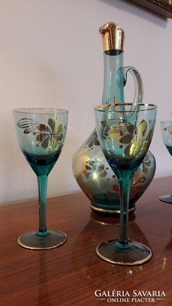 Retro üveg italos készlet régi türkiz arany virágos talpaspohár pohár kancsó 6 db