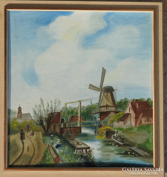 Unknown artist - oil / canvas painting - marked - life picture with windmill