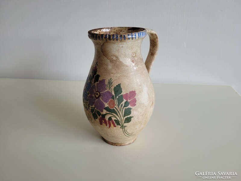 Old painted floral folk earthenware jug milk jug glazed vessel jug with handle earthenware jug 24.5 cm