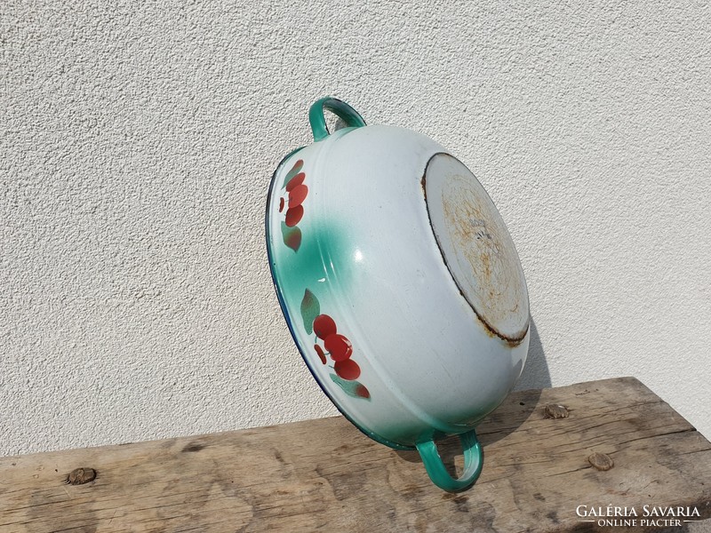 Old vintage enameled cherry pattern enameled large bowl with legs Budafok decoration