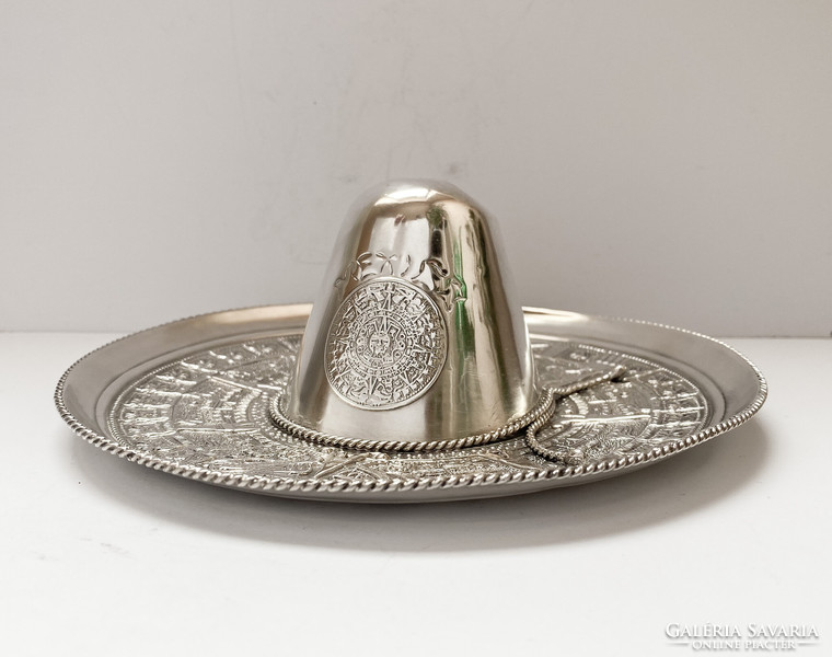 Díszes mexikói Sombrero dísz tál, ezüst.