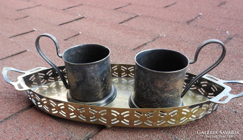 Antique copper tray with two embossed scenes cup holders