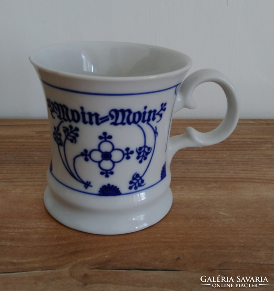 Igg marked, GDR white porcelain mug with Indian blue immortele pattern with moin moin inscription