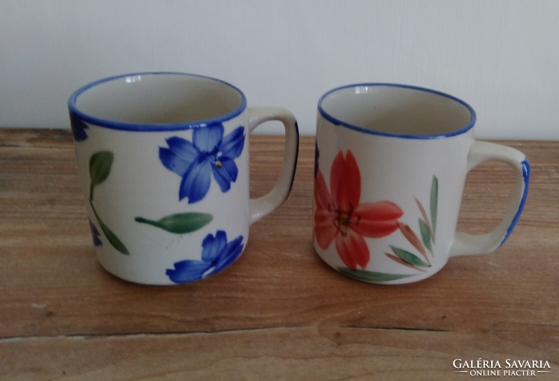 Retro small white porcelain mug with blue - red floral decor, 2 pcs