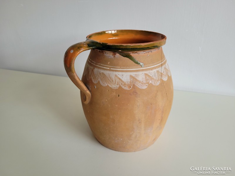 Old vintage glazed folk earthenware pot pot with handle jug spout earthenware jug 24 cm