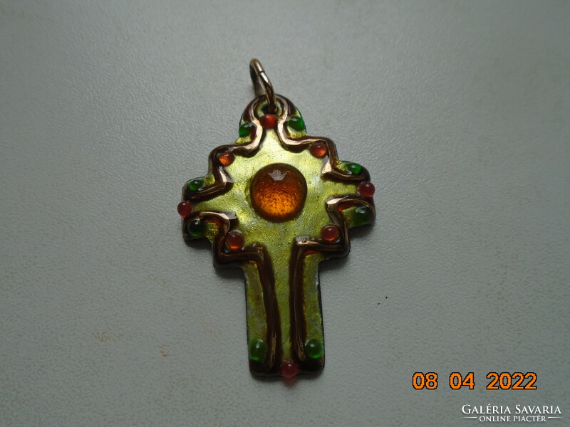 Compartment enamel marked cross pendant with gold-colored green enamel and colored beads