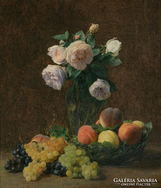Latour - still life with flowers, grapes, peaches - on canvas reprint blind
