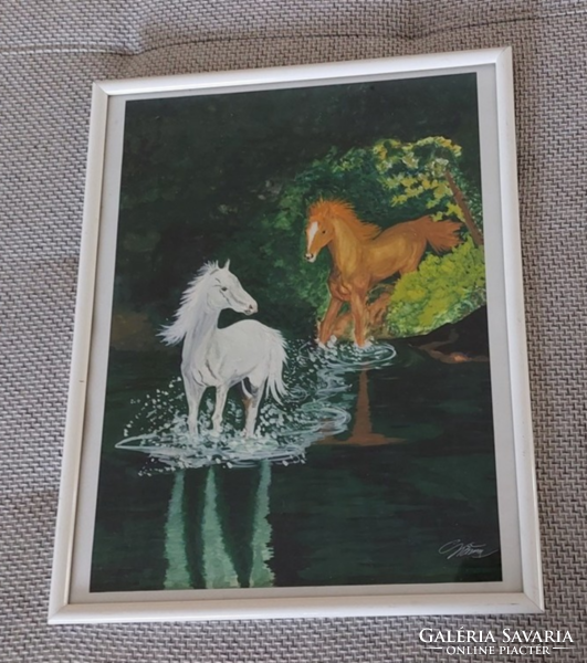 (K) signed horse painting with 42x52 cm frame