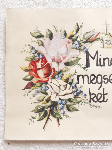 Régi akvarell festett rózsás nefelejcses kép vallási idézet