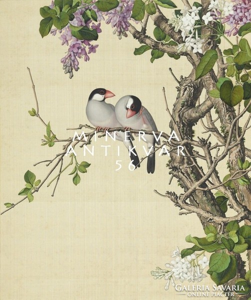 18th Century Chinese Silk Painting Reprint Print, White and Purple Organ Flower Javanese Sparrow Pair on Tree Branch