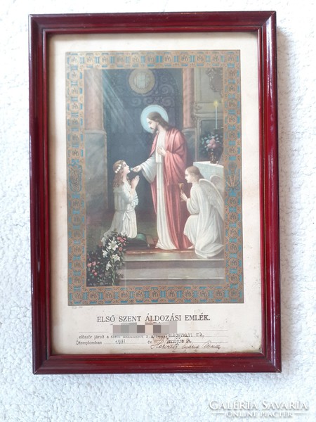 Régi emléklap 1931 Első szent áldozási emlék angyalos falikép képkeret