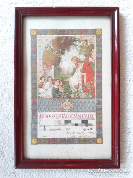 Old memorial card 1933 first holy communion mural picture frame
