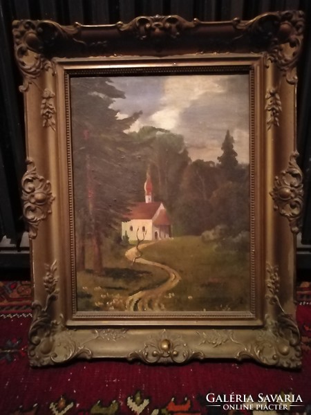 Öreg festmény 53 x 42 " templom az erdőben"