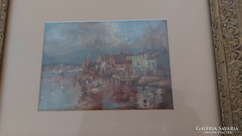 (K) Gyönyörű kvalitásos akvarell festmény kikötő 40x34 cm kerettel