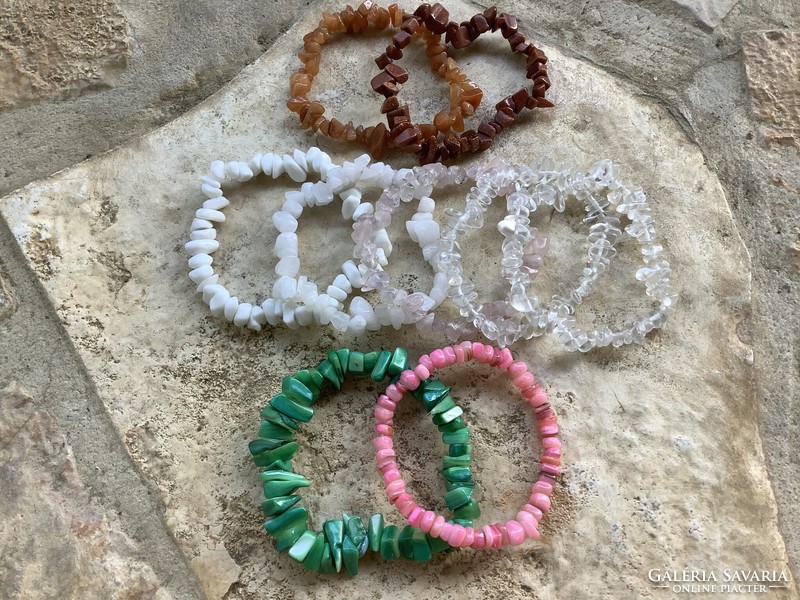 Mineral splitter bracelets: rhinestone, milk quartz, rose quartz, sunstone, agate, painted shells