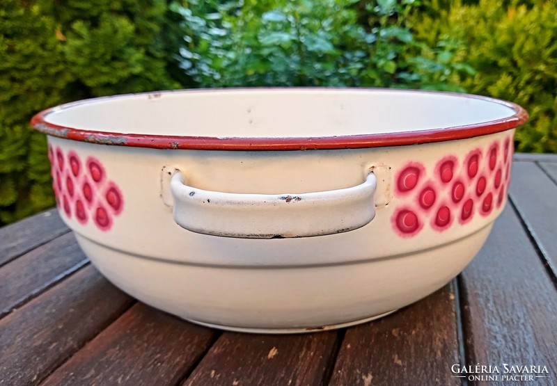 Antique English enamel large bowl with pink polka dots 30cm