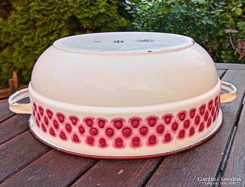 Antique English enamel large bowl with pink polka dots 30cm