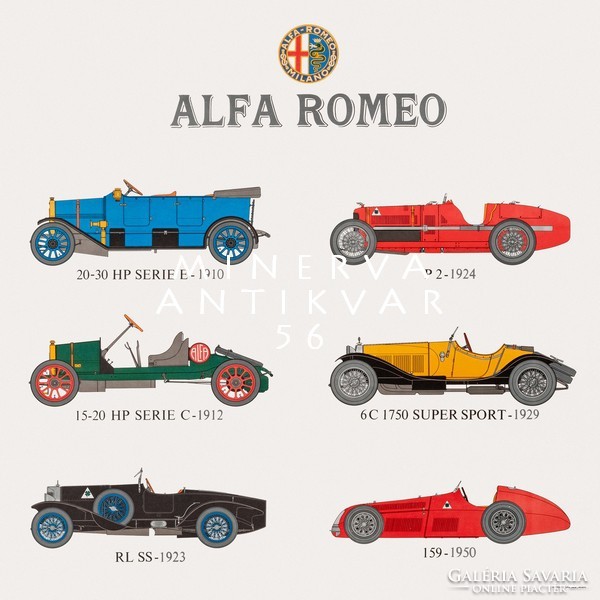 Vintage régi veterán Alfa Romeo modellek 2. 1912-1950 automobil oldsmobil modern REPRINT plakát