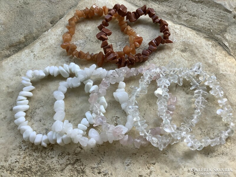 Mineral splitter bracelets: rhinestone, milk quartz, rose quartz, sunstone, agate, painted shells