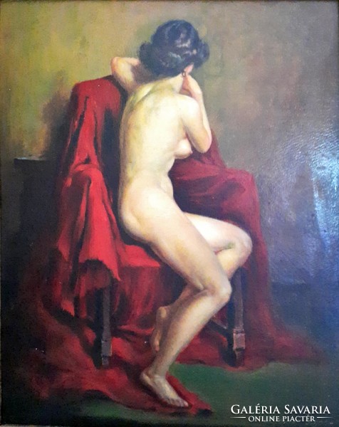 Lajos Polczer (1902 - 1968): nude on red drapery