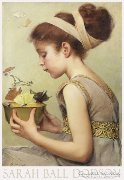 Sarah Dodson Butterflies 1891 Oil Painting Art Poster Little Girl Renaissance Dress Portrait Butterflies