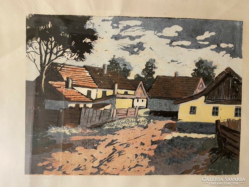 Lajos Mészáros: village houses - colored linocut