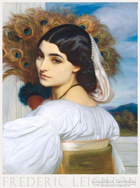 Frederic Leighton peacock 1895 preraffaelite painting art poster, female portrait spanish girl feather