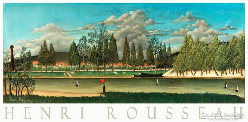 Henri Rousseau on the canal, landscape with trees 1900 naive painting art poster, riverside forest boats