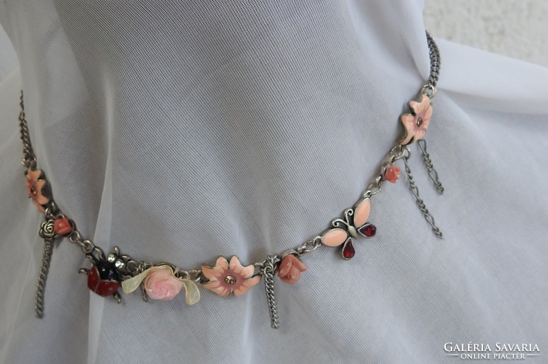 Avon marked necklace - pink with fire enamel flowers, ladybug, etc.