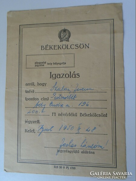 Ka345.6 Peace loan certificate 1950 Budapest
