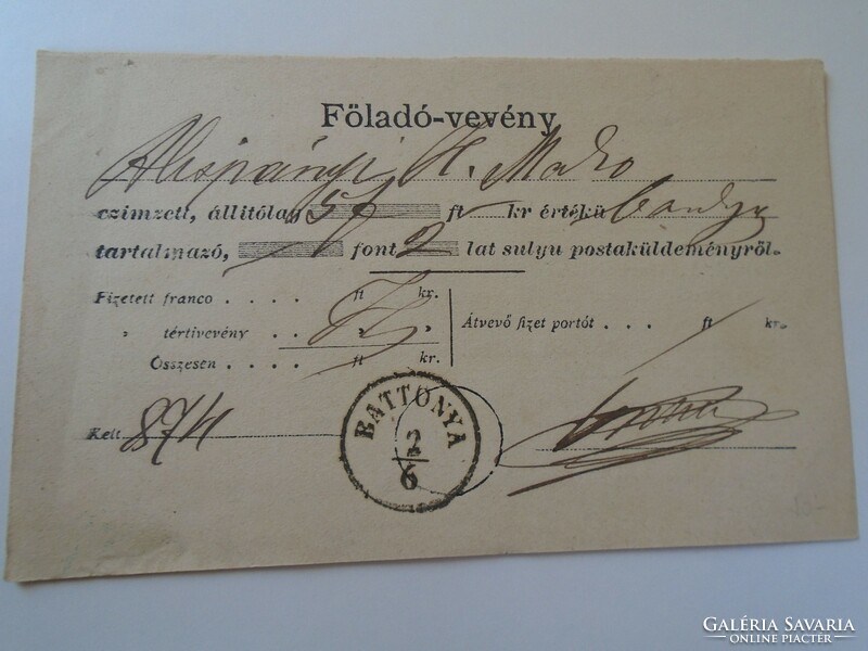 D190529 Postai föladó-vevény BATTONYA  1874 Alispányi Hivatal  MAKÓ  -bankjegy