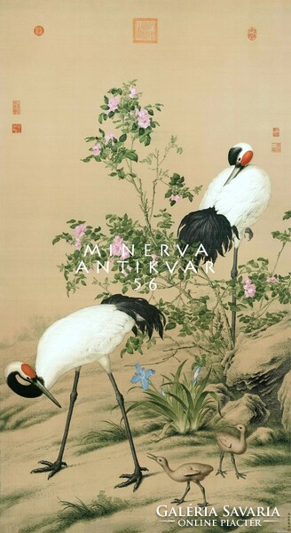 18. századi kínai selyem festmény reprint nyomata, két mandzsu daru fiókák madár család rózsabokor