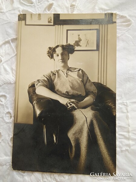 Antik magyar fotólap, hölgy érdekes frizurával Dunky Fivérek Kolozsvár 1910-es évek