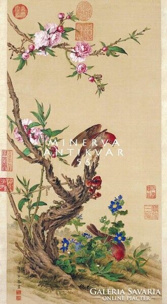 18th century Chinese silk painting reprint print, spring pose with nature flowers bird couple