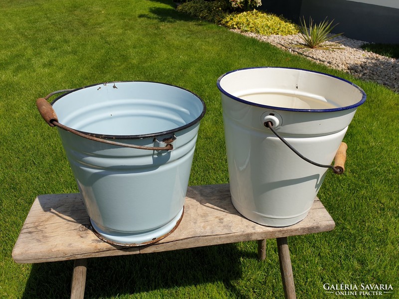 Enameled old vintage white bucket enameled jug