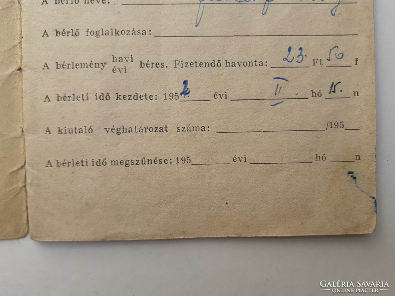 Papírrégiség 1952 lakbérkönyv bérletidíj füzet