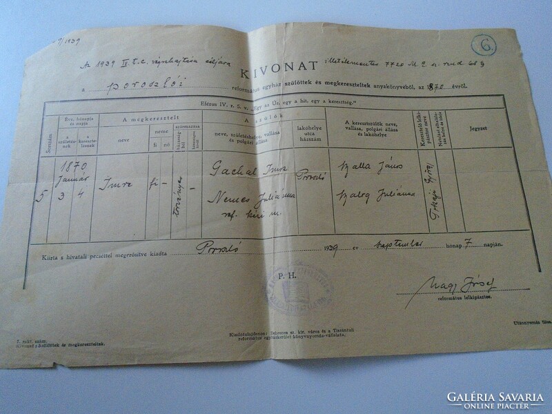 AD00007.10  POROSZLÓ  Születési anyakönyvi kivonat 1939  Gachal  Nemes