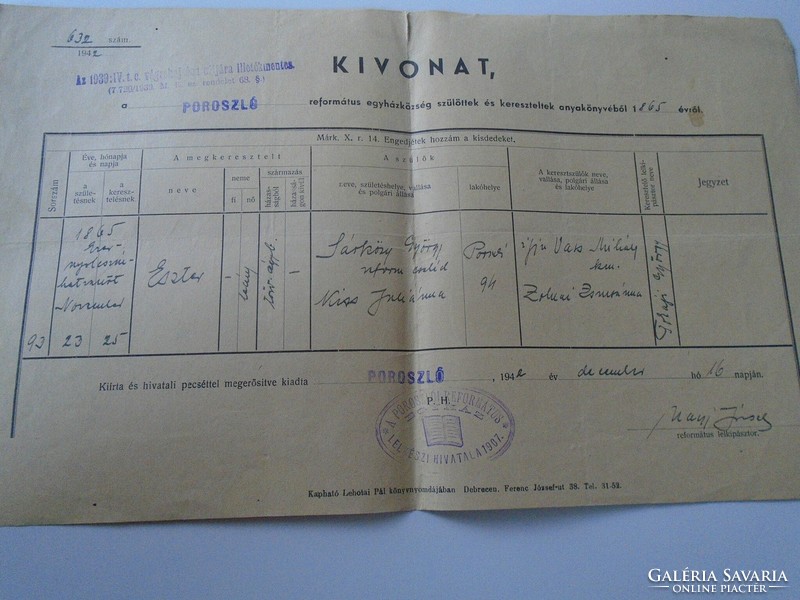 AD00007.8  POROSZLÓ  Születési anyakönyvi kivonat 1942 Sárközi Kiss