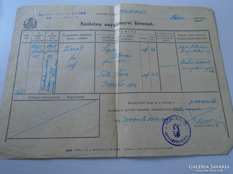 AD00007.3  POROSZLÓ  Születési anyakönyvi kivonat 1942 Katona ügyben bélyeg és díjmentes