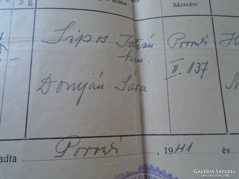 AD00007.9  POROSZLÓ  Születési anyakönyvi kivonat 1941 Sipos Domján