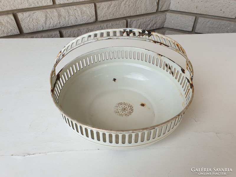 Vintage old quarry serving basket with enameled enamel metal bowl
