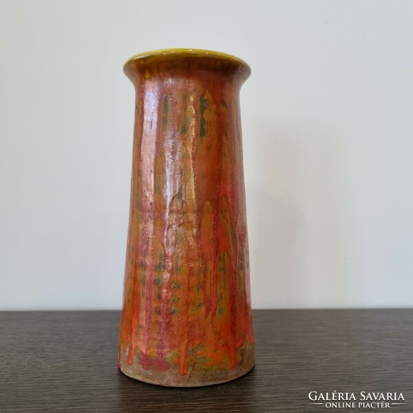 Hungarian retro ceramic vase - with plastic, trickled glaze