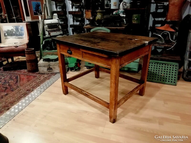 Laboratory table, work table, chemist's table with thick oak top, double-sided from the middle of the 20th century