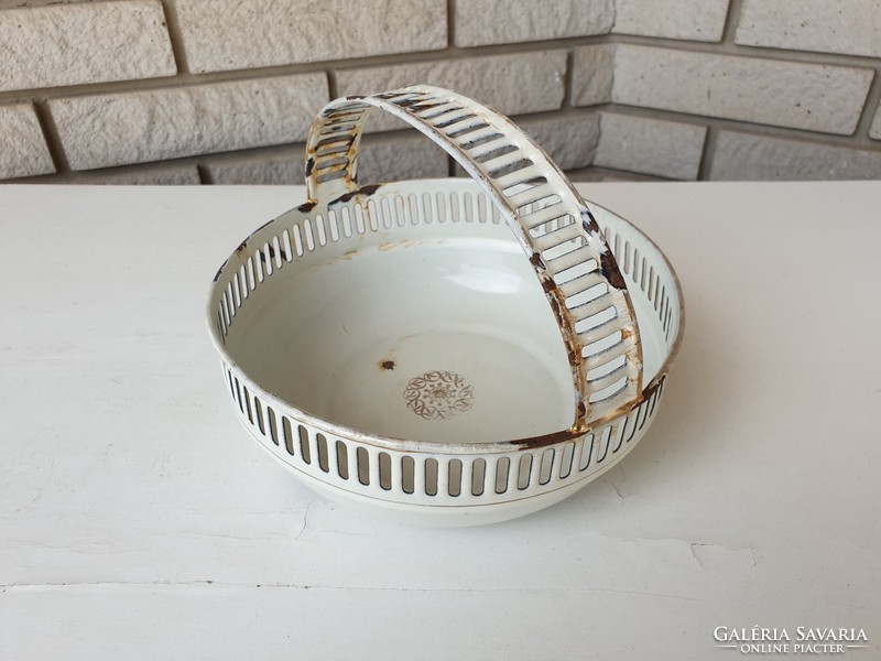 Vintage old quarry serving basket with enameled enamel metal bowl
