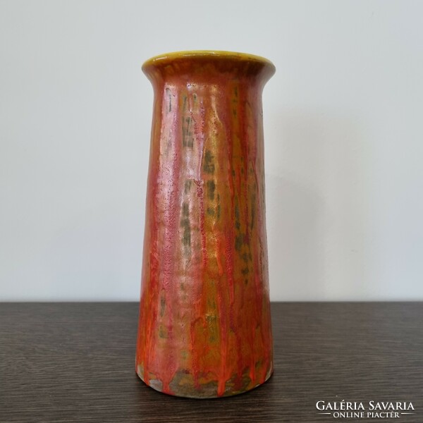 Hungarian retro ceramic vase - with plastic, trickled glaze