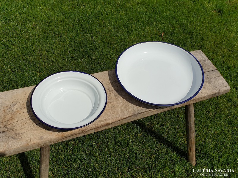 Vintage old enamel blue white lampart with enamel plate and bowl tray
